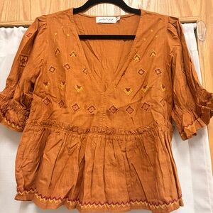 Petal & Pup Dawston Orange Embroidered Peplum Blouse